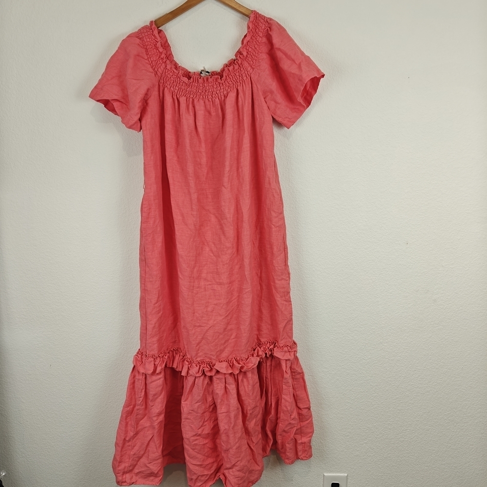 Tyler Boe Maxi Peasant Smocked Ruffle Maxi Linen Dress In Coral Size Small